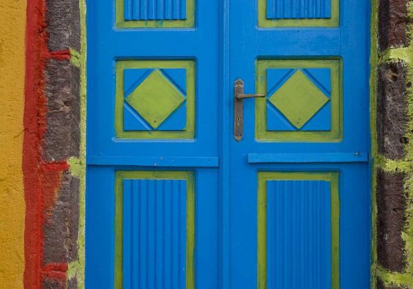 Greece,Thira, Oia Blue and lime green door